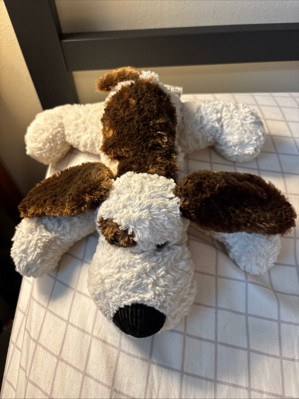 Russ Berrie Brown, White and Black Plush Dog Toy dogs name is droozy